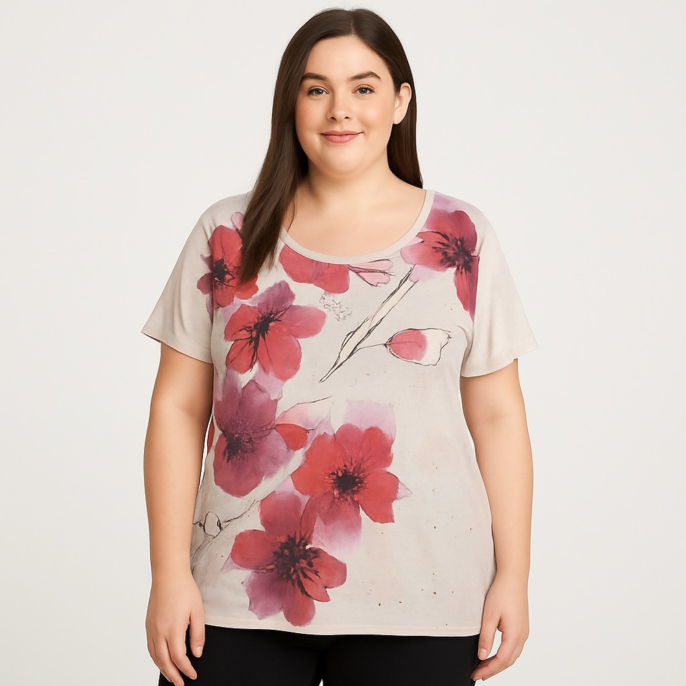 Rebecca Malone Floral Embellished Scoop Neck Stretch Top 1X